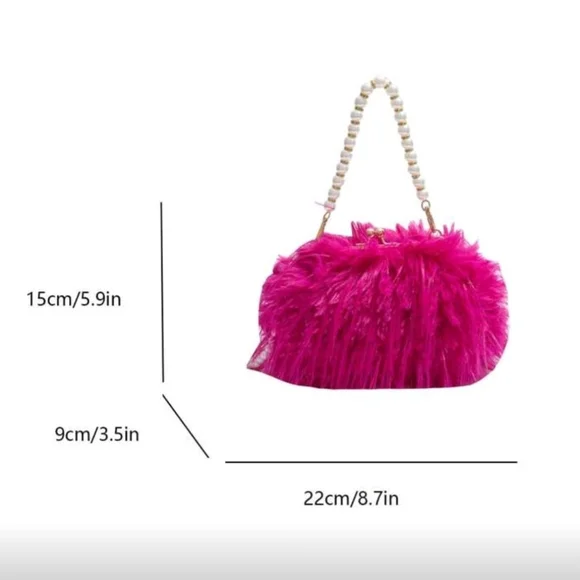 NWT Hot Pink Super Fluffy Faux Fur Double Pearl Chain Cross Body Clutch Handbag - Picture 10 of 11